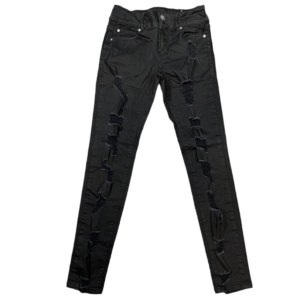 Almost Famous Womens Denim Skinny Jeans Pants Distressed Black Size 3